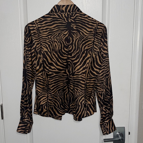 ETCETERA ANINE BING Zebra Print Silk Button-Up Blouse Brown Tan Silk Spandex 4 - Picture 2 of 6